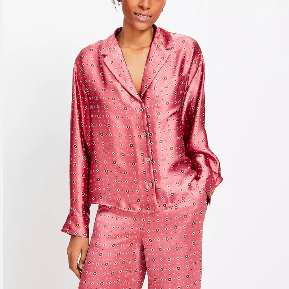 LOFT Pink Satin Button-Up Blouse with Eyelet Print